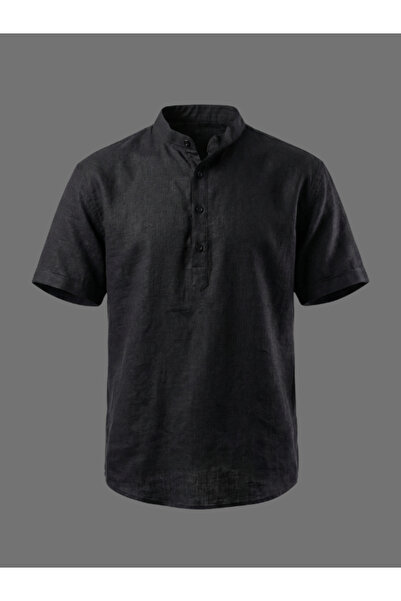 WAMOSSALAPLI Kısa Kollu Hakim Yaka Üç Düğmeli Dar Kesim Siyah Keten Gömlek