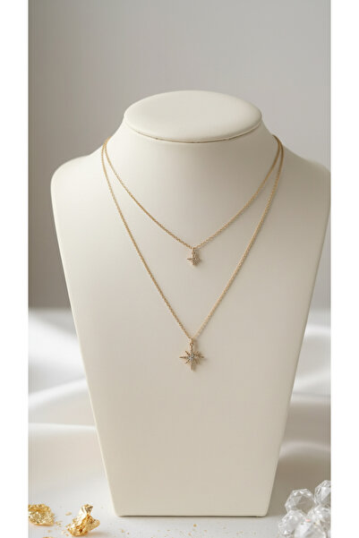 Universal Kadın Gold İkili Zincir Yıldız Kolye - Işıltılı Zirkon Taşlı Layer ...