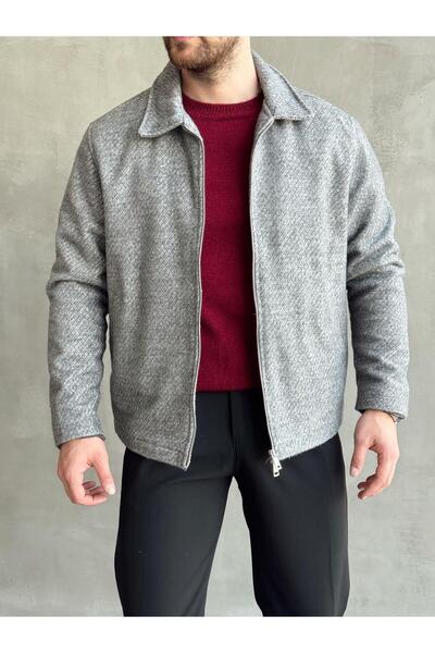 HAVANO Erkek Gri Kısa Dokulu Mevsimlik Kaşe Ceket Regular Fit Fermuarlı Mont