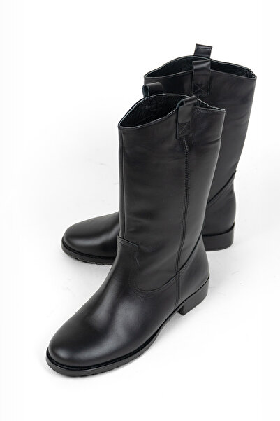 RABU Siyah Kadın Hakiki Deri Yuvarlak Burun Orta Boy Fermuarsız Bot