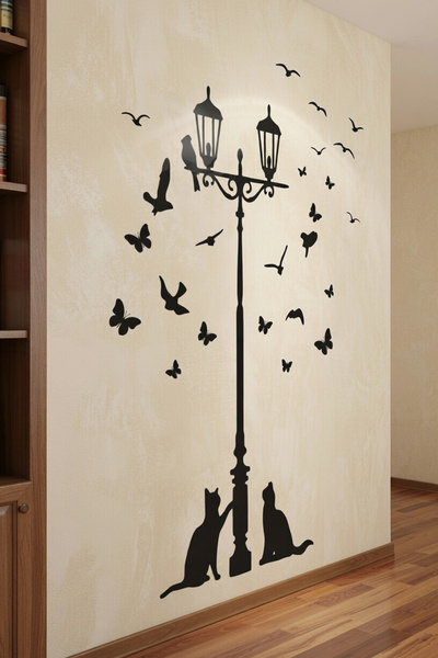 KT Decor Street Lamp Birds and Cats 120 X 60 cm Wall Sticker Wall Sticker