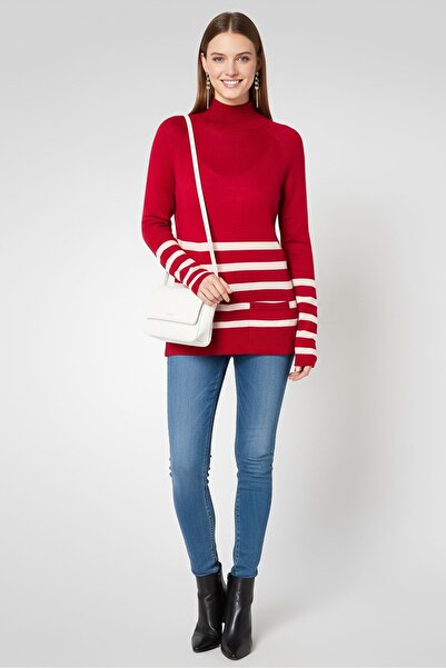 Lacoste Women Mock Neck Stripe Sweater, Red