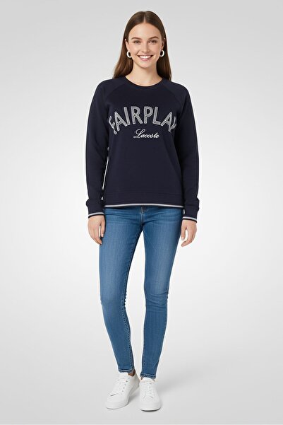 Lacoste Women Crew Neck Graphic Print Long Sleeve Sweatshirts, Dark Navy