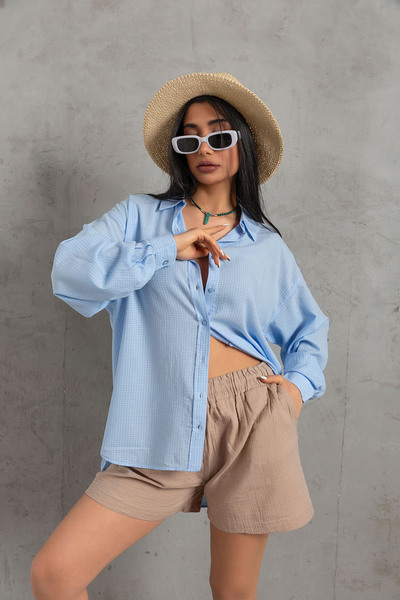 Maule Μπλε Βαμβάκι Βισκόζη Φρεσκάδα του καλοκαιριού: Γυναικείο πουκάμισο με ά...