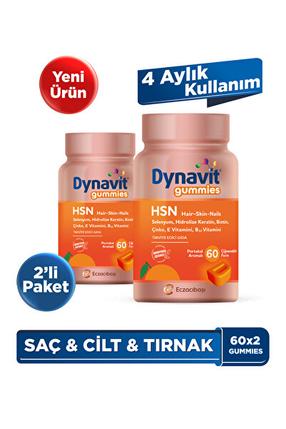 Dynavit Gummies HSN Hair Skin Nails 60 Çiğnenebilir Form x2 - Hidrolize Kerat...