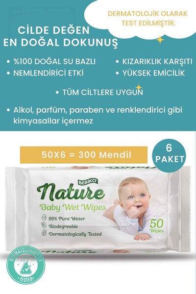 Bebiko NATURE dogal kokusuz su bazli mendil 50 lik x 6