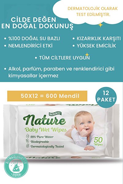 Bebiko Bebek Islak Mendil - Doğal Kokusuz Su Bazli Bebek Havlu Mendil 50'li P...