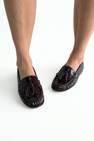 inizio Smeđa lakirana koža Sa resama obična Loafer cipele GD05