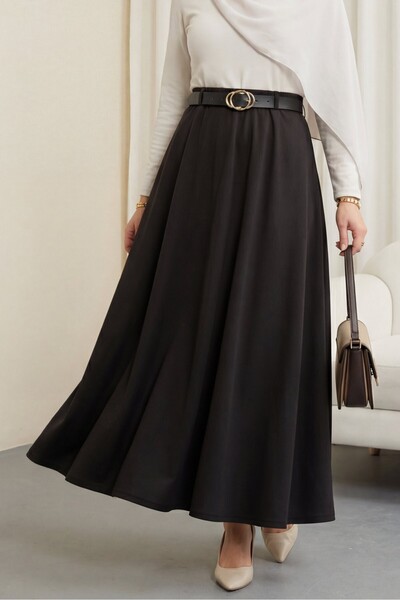 Modamorfo Elastic Waist Belted Casual Skirt - Black