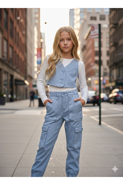 Hilal Akıncı Kids Κοριτσίστικο τζιν γιλέκο Λευκό Body Cargo Παντελόνι με τσέπ...