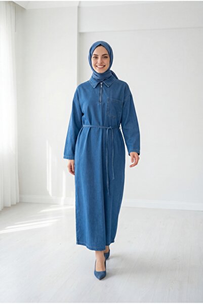 MİHRA STORE Υπέροχο τζιν φόρεμα με μια τσέπη και μισό φερμουάρ-ML2058 Μπλε