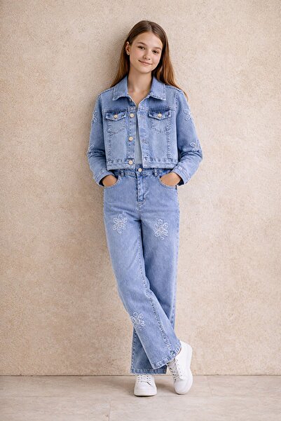 Cansın Mini Mavi Çiçek Με κέντημα Κοριτσίστικο Σετ 2τμχ με Τζιν Μπουφάν και Π...