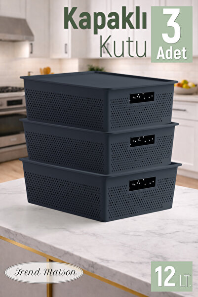 Trend Maison منظم متعدد الأغراض 12 لتر. صندوق تخزين بغطاء بلاستيكي أنثراسايت