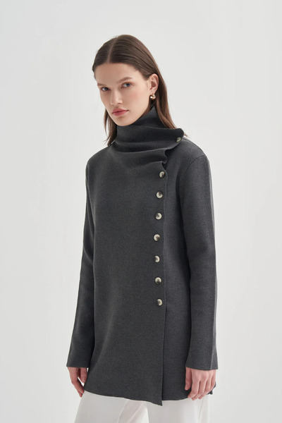 VESNA Asimetrik Yaka Düğme Detaylı Triko Hırka