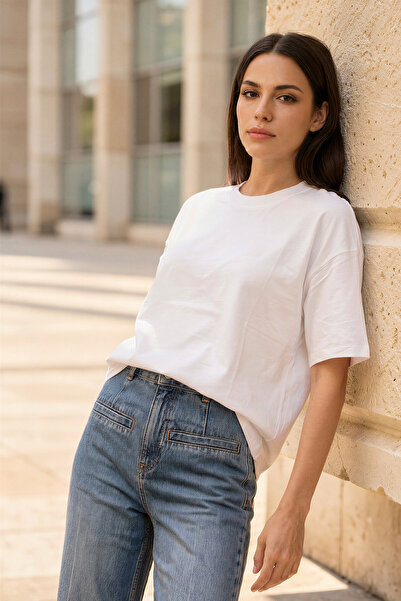 Amia&Co. Alb bumbac 100% supradimensionat basic Mânecă scurtă guler rotund Fe...