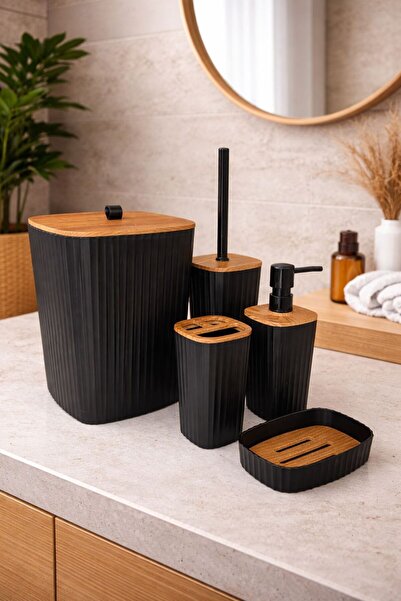 Store HGY Home Ahşap Detaylı Yapışkanlı Safir Siyah 5'li Banyo Seti