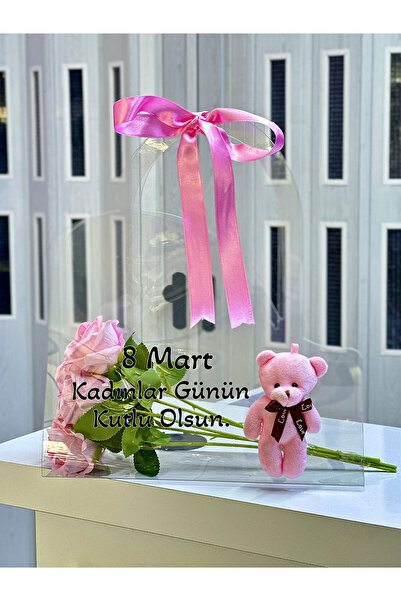 Zemtigo Çantalı Ayıcıklı Pembe Gül Buketi Yapay Çiçek Pembe Gül Sevgililer Gü...