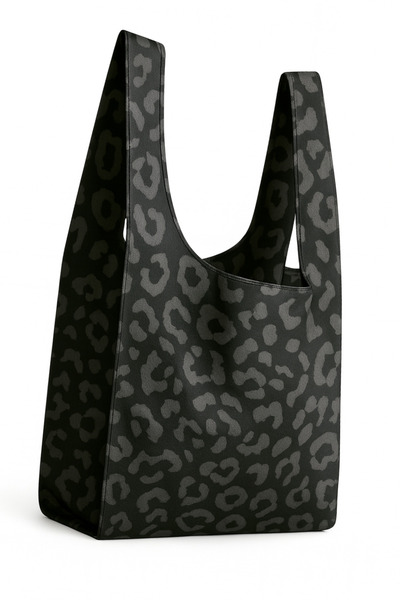 PUREYSMA Siyah Leopar Desenli Katlanabilir Bez Alışveriş Çantası – Suya Dayan...
