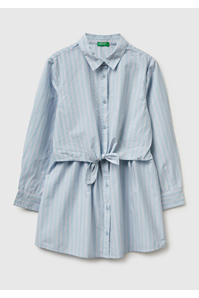 United Colors of Benetton Κοριτσίστικο Φόρεμα με Μπλε Ζώνη στη Μέση Ριγέ Γιακ...