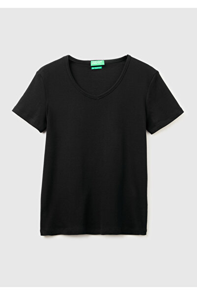 United Colors of Benetton Women's Black 100% Cotton Wide V-Neck T-Shirt