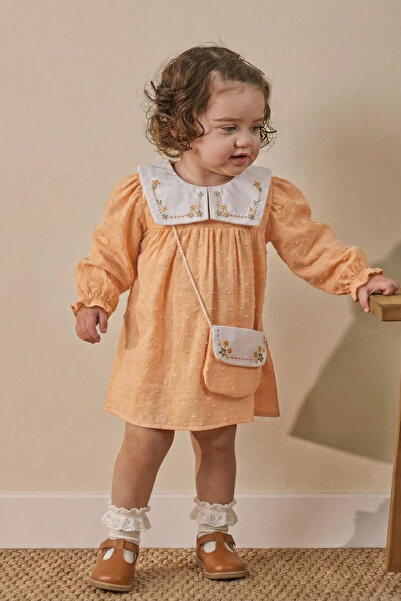 Minipodyum Kız Bebek Nakışlı Bebe Yaka Müslin %100 Pamuk Çantalı Bayramlık El...