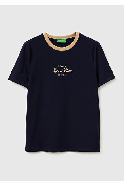 United Colors of Benetton Women's Navy Blue Cotton Blend Embroidered Crew Nec...