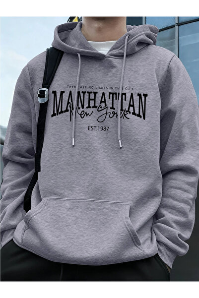 Tarzsokak مانهاتن نيويورك ووردس مطبوع سويت شيرت رجالي بغطاء رأس للخريف فضفاض ...