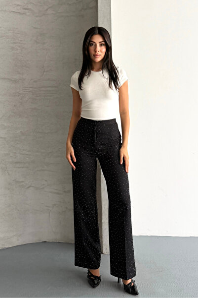 macharel jeans Women's New Season High Waist Classic Stoned Black Fabric Trou...