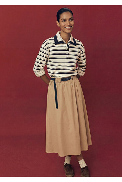 United Colors of Benetton Women's Beige 100% Cotton Midi Skirt with Elastic W...