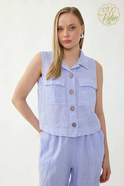 Vitrin 100% Linen Button-Down Shirt with Cover Pockets