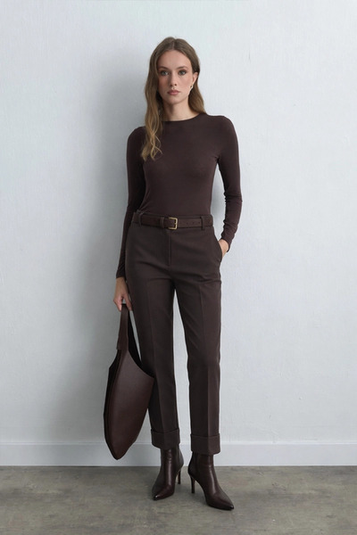 Gusto Double Leg High Waist Trousers - Brown