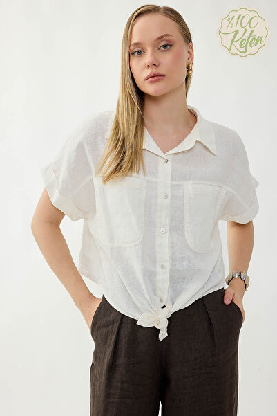 Vitrin 100% Linen Short Sleeve Shirt with Cover Pockets and Tie Front