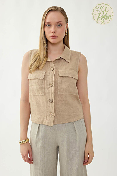 Vitrin 100% Linen Button-Down Shirt with Cover Pockets