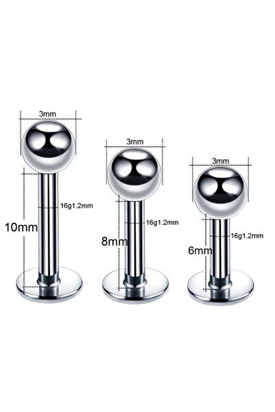 MAZEN 316l Cerrahi Çelik 4'lü Set Tek Top Gümüş Renk Tragus, Helix, Dudak Piercing