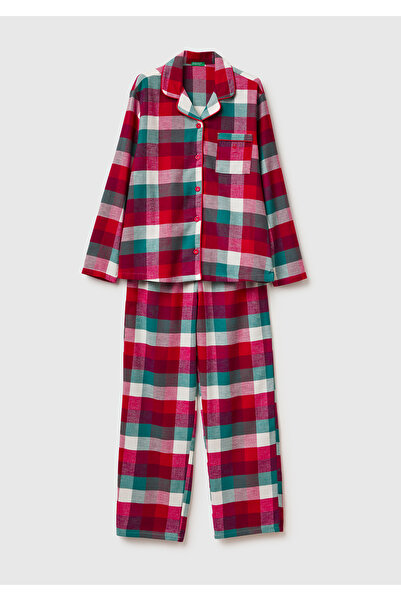 United Colors of Benetton Women's Red Plaid 100% Cotton Patterned Pajama Set