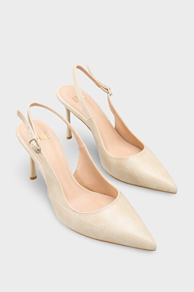 LOJO Pantofi de damă cu vârf ascuțit, cu toc, stil stiletto, Nisiy Bej Croco