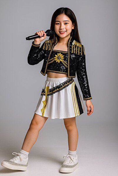 sevalkostüm tasarım Kız Çocuk K-Pop Sahne Kostümü – Payetli Ceket & Etek Takı...