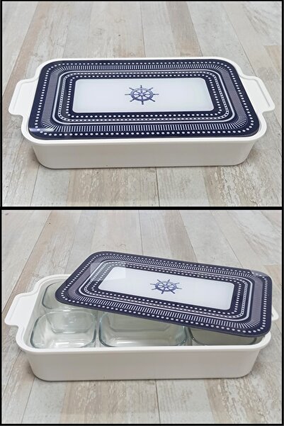 Pinkev طقم إفطار مكون من 6 قطع بغطاء من الزجاج المقوى بنمط بحري وصينية من الم...