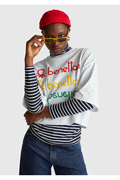 United Colors of Benetton Kadın Beyaz mix %100 Pamuk Boxy Fit Crop Stranger T...