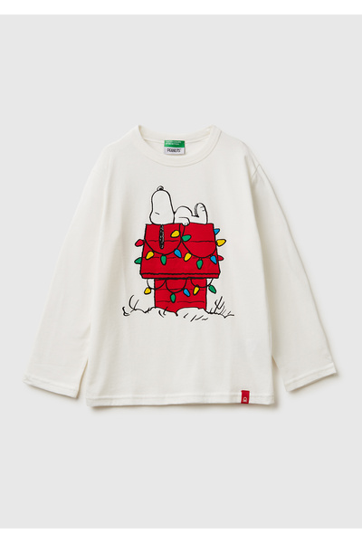 United Colors of Benetton Момчешка екрю тениска с дълъг ръкав, с печат на лог...