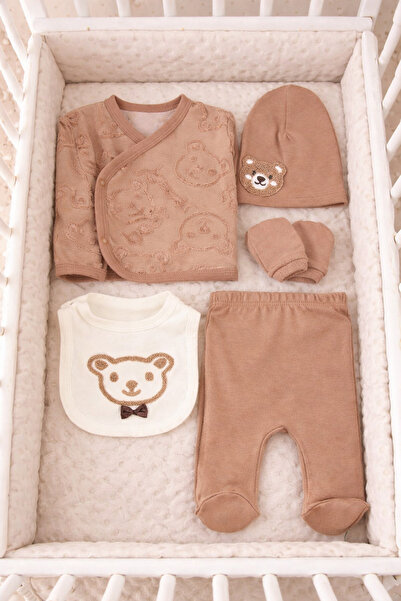Baby Boy Bear Embroidered 5 Piece Bodysuit Set Newborn