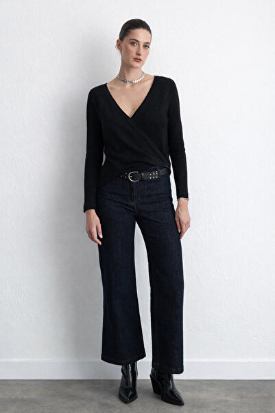 Gusto Soft Glitter Wrap Cut Knitwear Blouse - Black