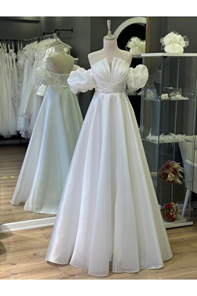 Lenta Moda Lenta Wedding Beyaz Kol Detaylı Drapeli Maxi Boy Helen Gelinlik