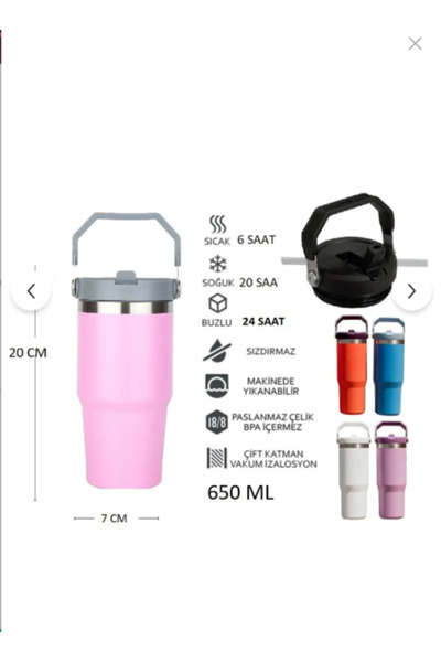 Globox Çelik Termos Pipetli ve Tutmalı Üst Kısmı Geniş 650 ML (PEMBE)