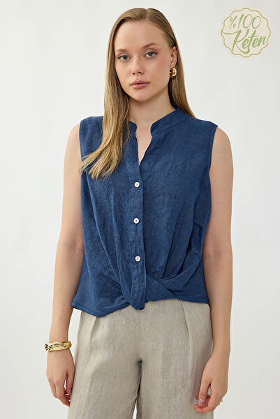 Vitrin 100% Linen Button Front Gathered Blouse