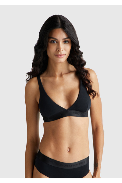 United Colors of Benetton Women's Black Cotton Blend Logo Tape V-Neck Bra