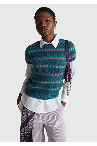 United Colors of Benetton Women's Green Wool Alpaca Blend Jacquard Short Slee...