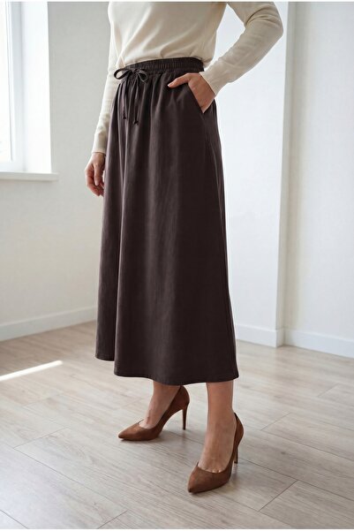 MİHRA STORE Λινή φούστα με διπλές τσέπες Lunona-MA8256 Καφέ