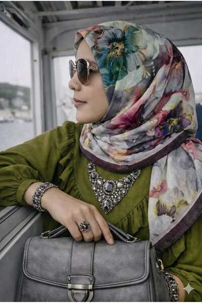 Nazellaa Dijital Bambu Pembe Mürdüm Detaylı Çiçek Desen Soft Kraş Şal