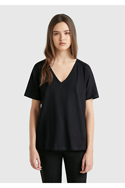 United Colors of Benetton Negru pentru femei, 100% bumbac, cu decolteu în V, ...
